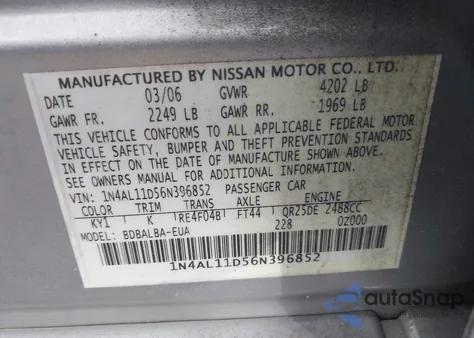 2006 Nissan Altima 2.5 S from USA, damaged, VIN 1N4AL11D56N396852